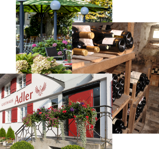 Picture collage: Entrance to Gasthaus Adler, wine cellar and beer garden