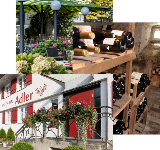 Picture collage: Entrance to Gasthaus Adler, wine cellar and beer garden