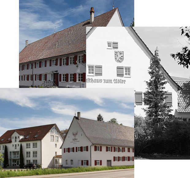 Fotocollage, auf der verschiedene Perspektiven des Gasthaus Adler Hotels in Bad Waldsee zu sehen sind
